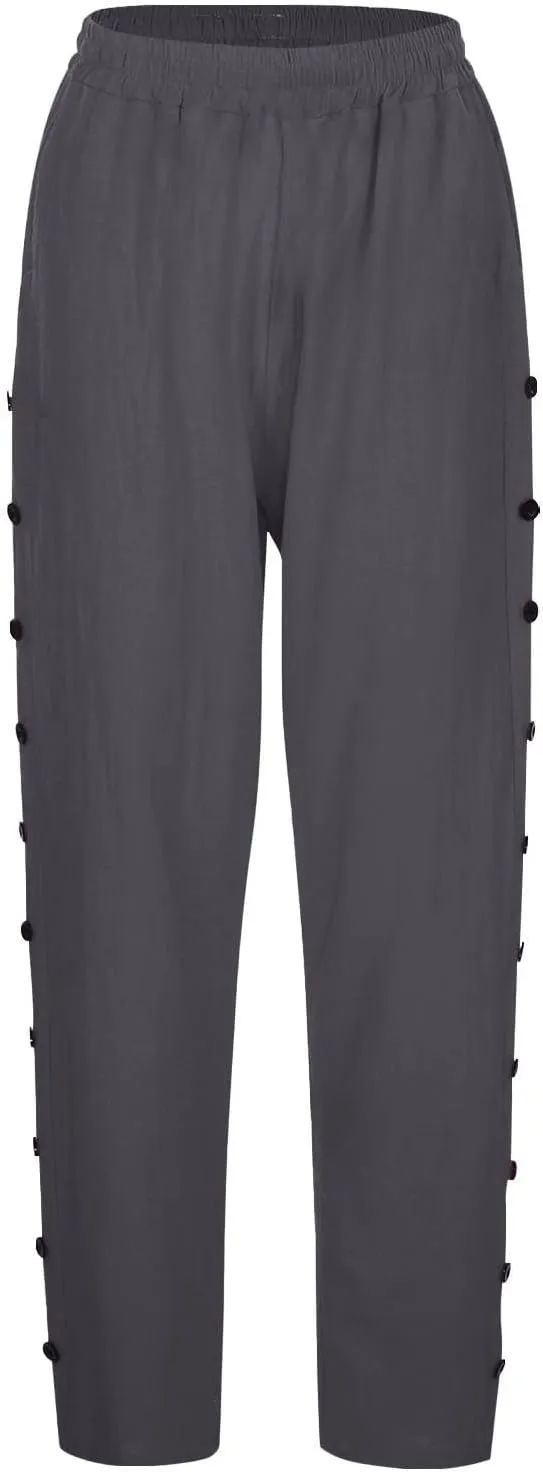 Women's Linen Casual Pants Striped Side Button Elastic Waist Trendy Pants Straight Leg Baggy Trousers with Pockets