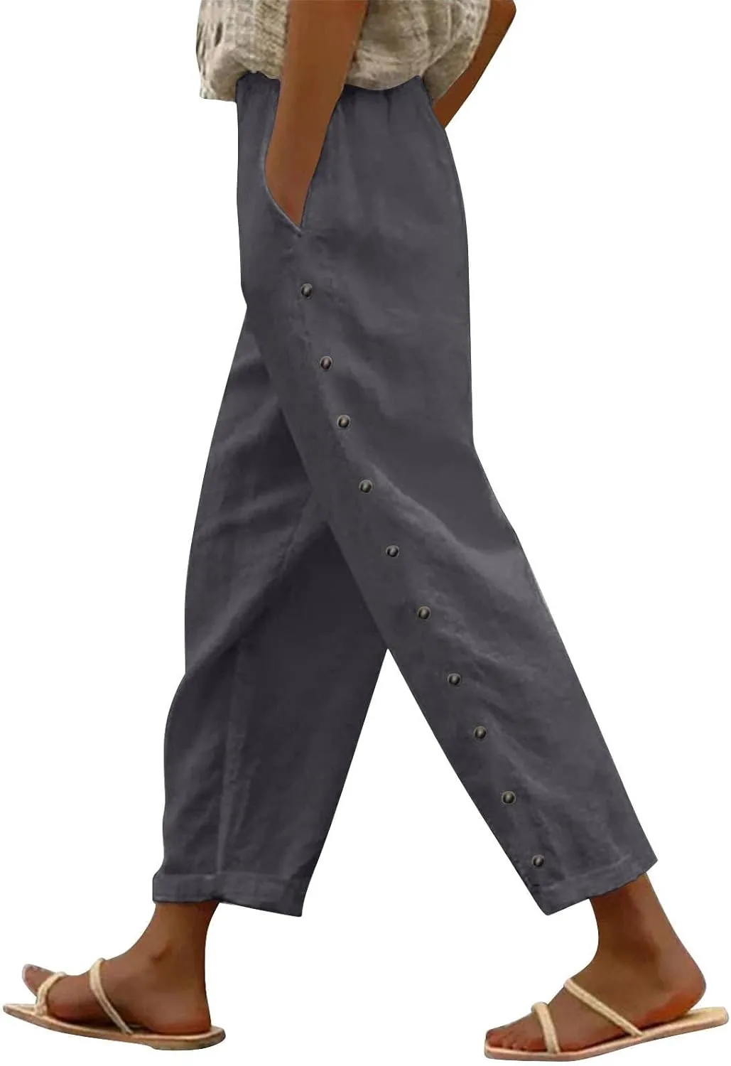 Women's Linen Casual Pants Striped Side Button Elastic Waist Trendy Pants Straight Leg Baggy Trousers with Pockets