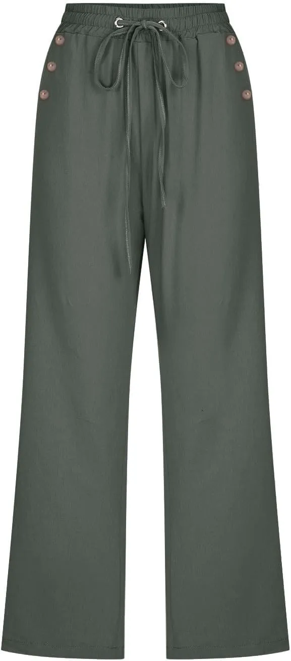 Womens Linen Cropped Pants Casual Drawstring Elastic Waist Wide Leg Trousers Summer Straight Capri Pants with Pockets