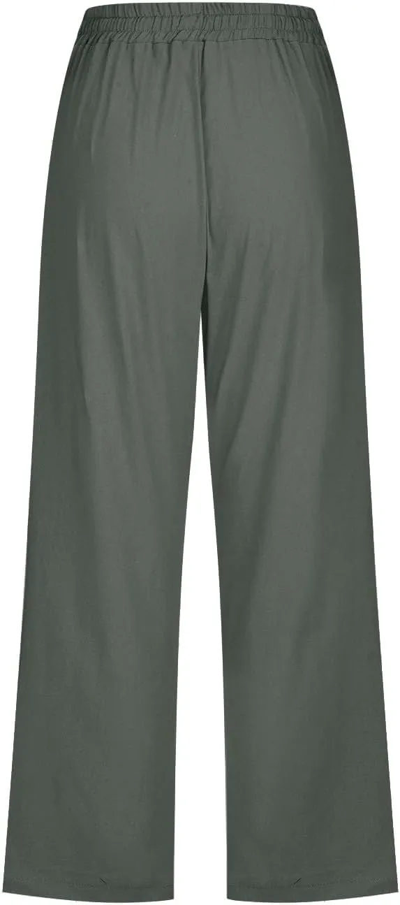 Womens Linen Cropped Pants Casual Drawstring Elastic Waist Wide Leg Trousers Summer Straight Capri Pants with Pockets