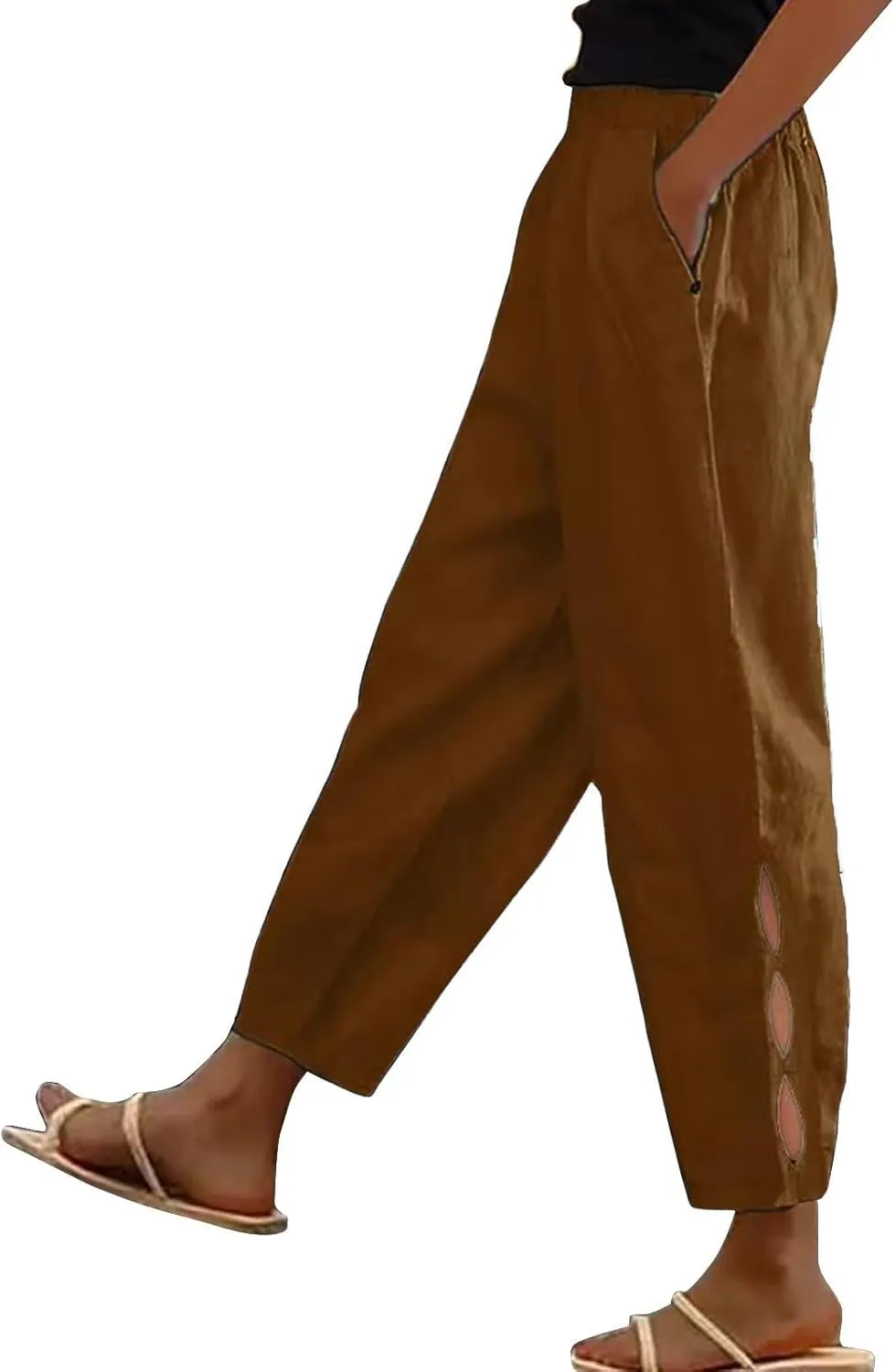 Womens Linen Harem Pants Hollow Elastic Waist Casual Beach Pants Summer Boho Baggy Wide Leg Trousers with Pockets
