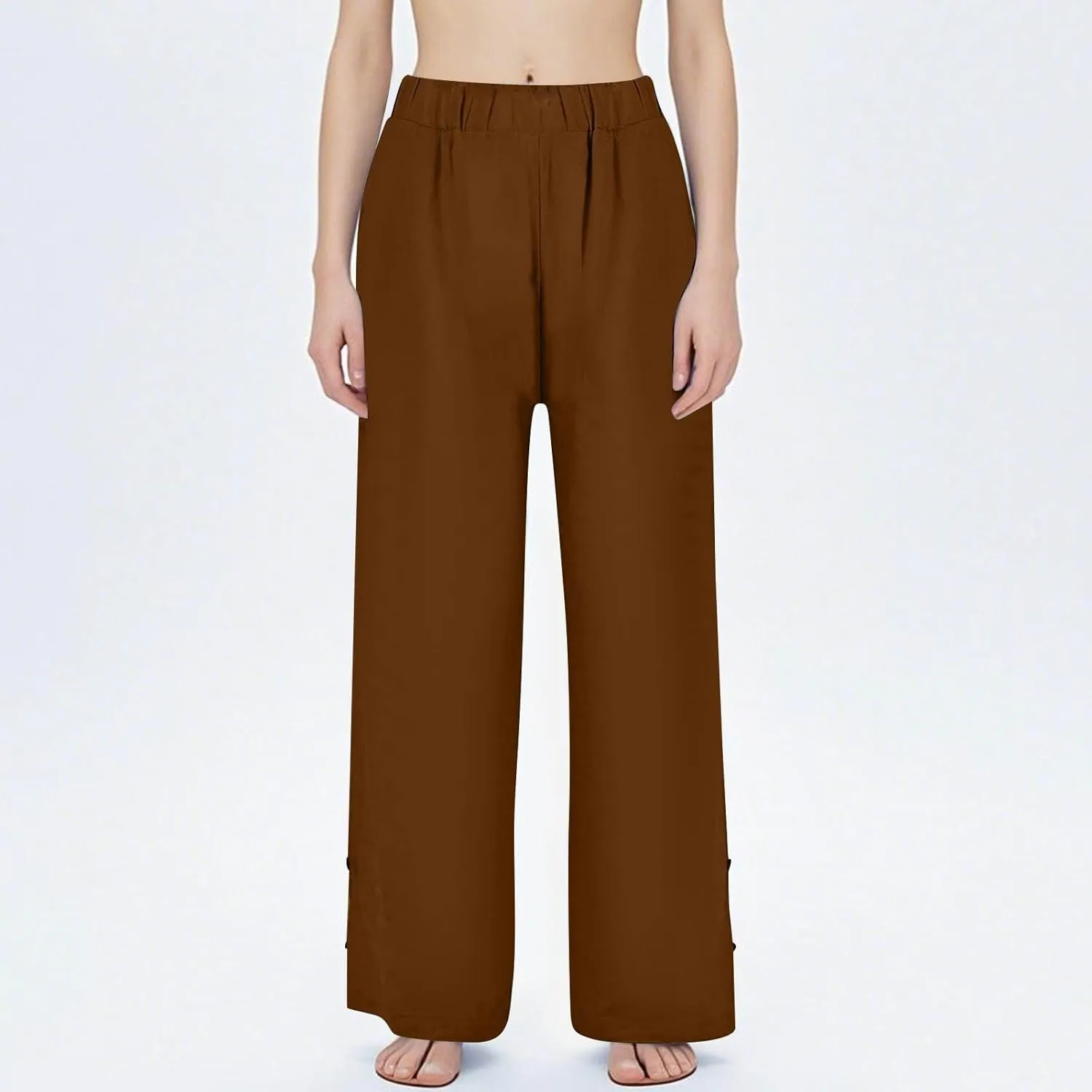Womens Linen Harem Pants Hollow Elastic Waist Casual Beach Pants Summer Boho Baggy Wide Leg Trousers with Pockets