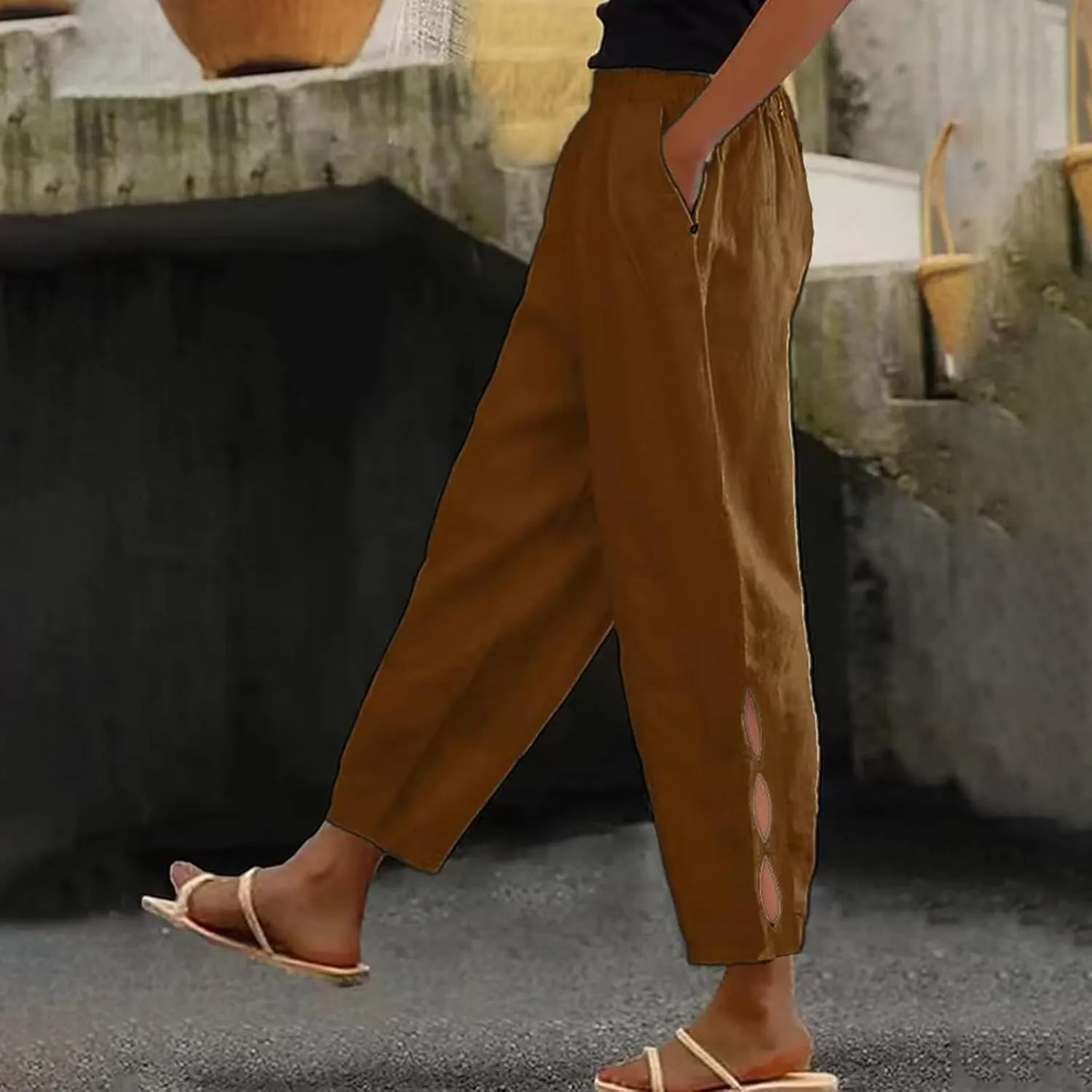 Womens Linen Harem Pants Hollow Elastic Waist Casual Beach Pants Summer Boho Baggy Wide Leg Trousers with Pockets