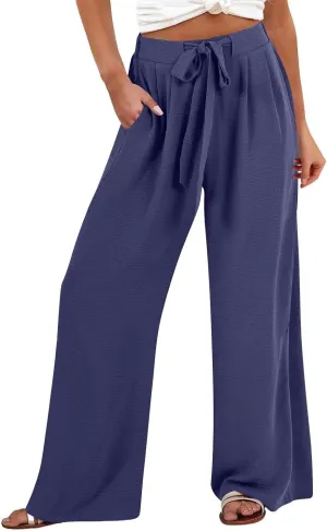 Women's Linen Palazzo Pants High Waist Wide Leg Flowy Pants Summer Beach Vacation Clothes Casual Loose Fit Outfits