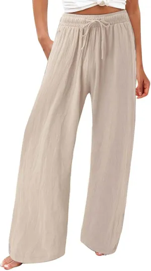 Womens Linen Pant 2025 Summer Casual Wide Leg Palazzo Pant Loose Smocked High Waist Work Slack Flowy Beach Trousers
