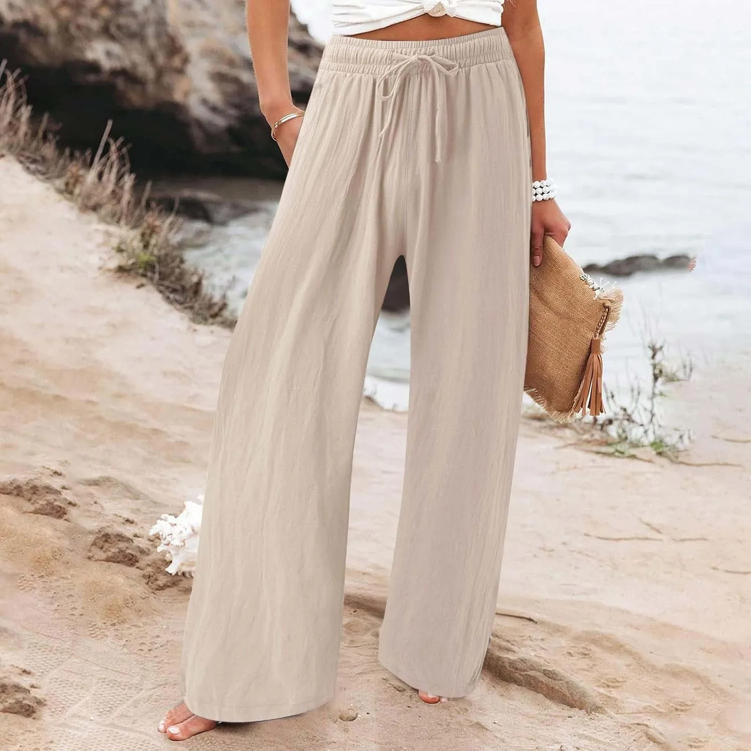 Womens Linen Pant 2025 Summer Casual Wide Leg Palazzo Pant Loose Smocked High Waist Work Slack Flowy Beach Trousers