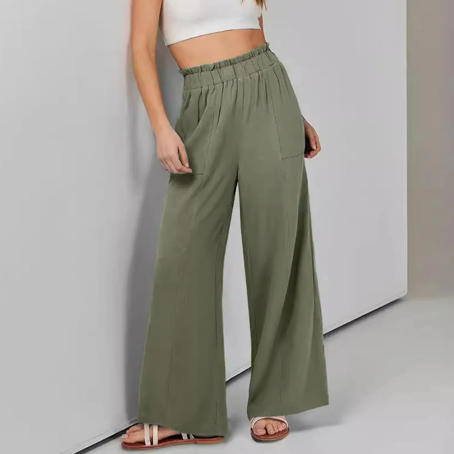 Womens Linen Pants 2025 Summer Casual Loose Wide Leg Palazzo Pants Spring High Waist Flowy Beach Trendy Outfits