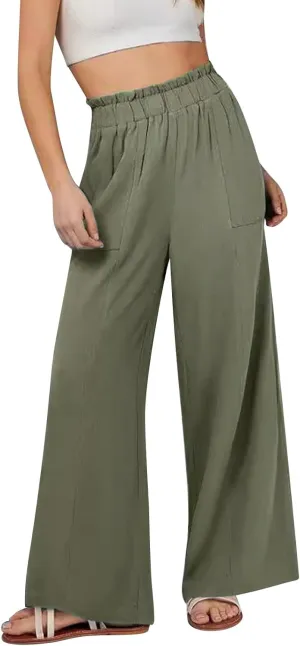 Womens Linen Pants 2025 Summer Casual Loose Wide Leg Palazzo Pants Spring High Waist Flowy Beach Trendy Outfits