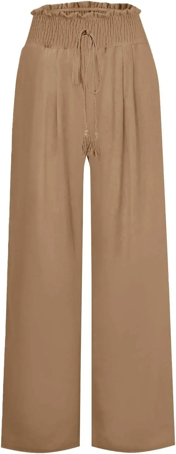 Womens Linen Pants 2025 Summer Casual Wide Leg Palazzo Pants Drawstring Smocked Waist Flowy Beach Trousers Outfits