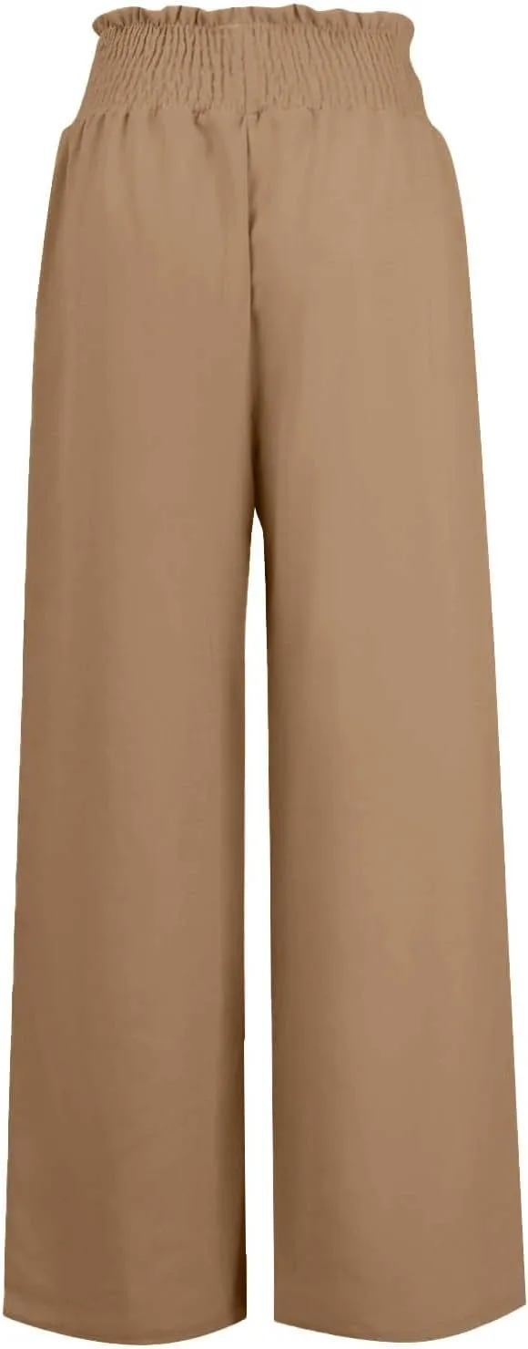 Womens Linen Pants 2025 Summer Casual Wide Leg Palazzo Pants Drawstring Smocked Waist Flowy Beach Trousers Outfits