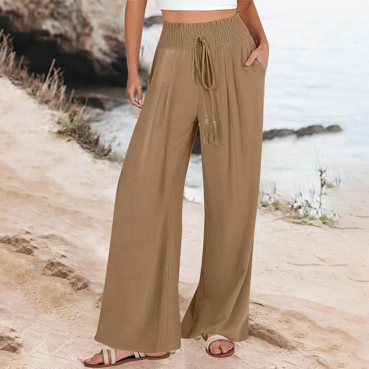 Womens Linen Pants 2025 Summer Casual Wide Leg Palazzo Pants Drawstring Smocked Waist Flowy Beach Trousers Outfits