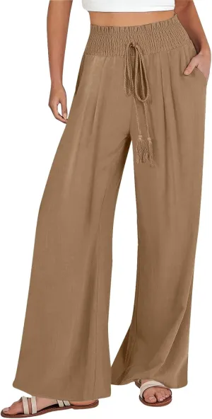 Womens Linen Pants 2025 Summer Casual Wide Leg Palazzo Pants Drawstring Smocked Waist Flowy Beach Trousers Outfits