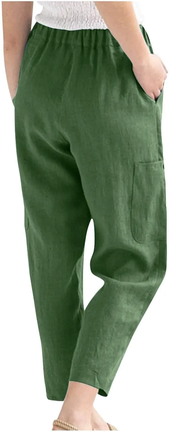 Women's Linen Pants Casual High Waisted Straight Leg Cotton Linen Pants Beach Summer Lounge Trousers with Pockets