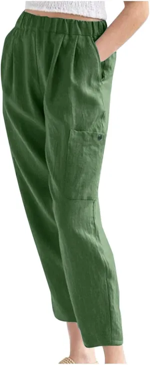Women's Linen Pants Casual High Waisted Straight Leg Cotton Linen Pants Beach Summer Lounge Trousers with Pockets