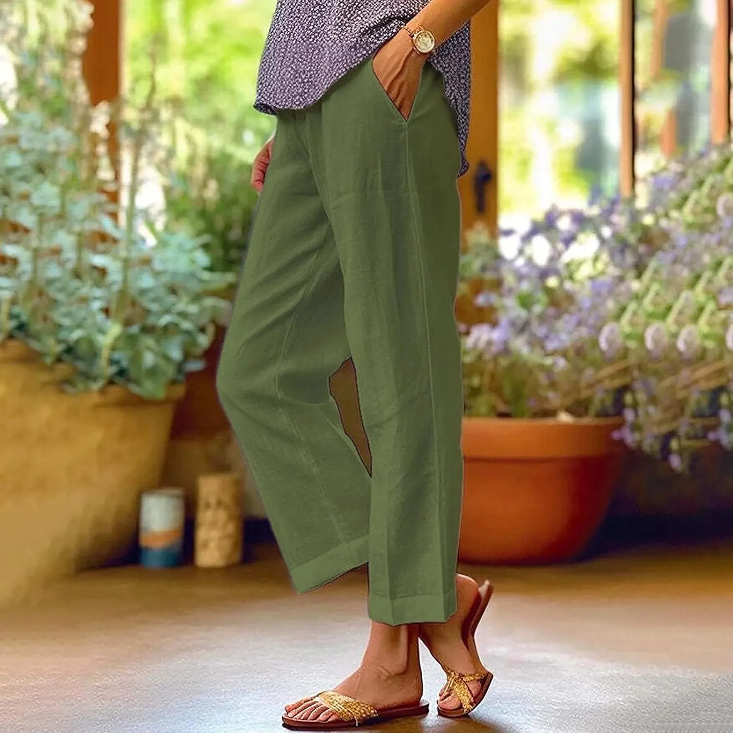 Womens Linen Pants Elastic Waist Boho Floral Pants Straight Casual Loose Summer Beach Baggy Trousers with Pockets