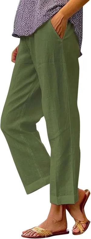 Womens Linen Pants Elastic Waist Boho Floral Pants Straight Casual Loose Summer Beach Baggy Trousers with Pockets