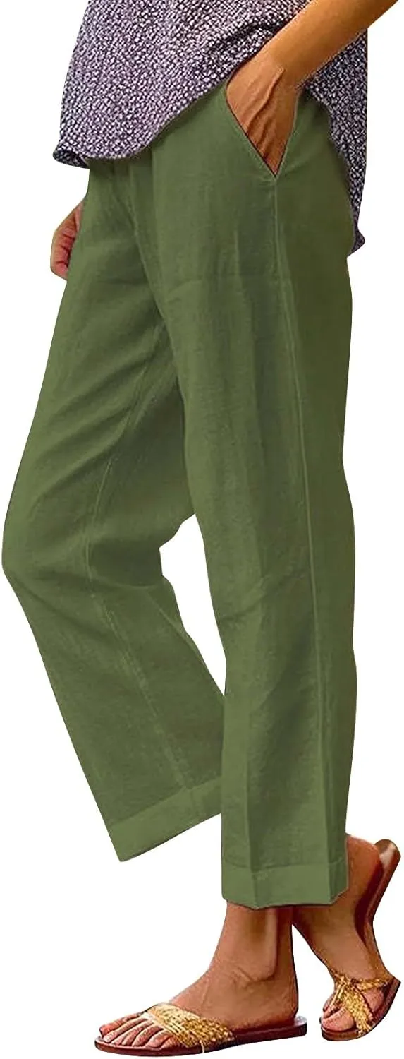 Womens Linen Pants Elastic Waist Boho Floral Pants Straight Casual Loose Summer Beach Baggy Trousers with Pockets