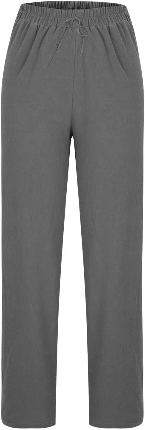 Women's Linen Pants Elastic Waist High Waisted Pants Comfy Straight Leg Trousers 2025 Trendy Summer Clothes