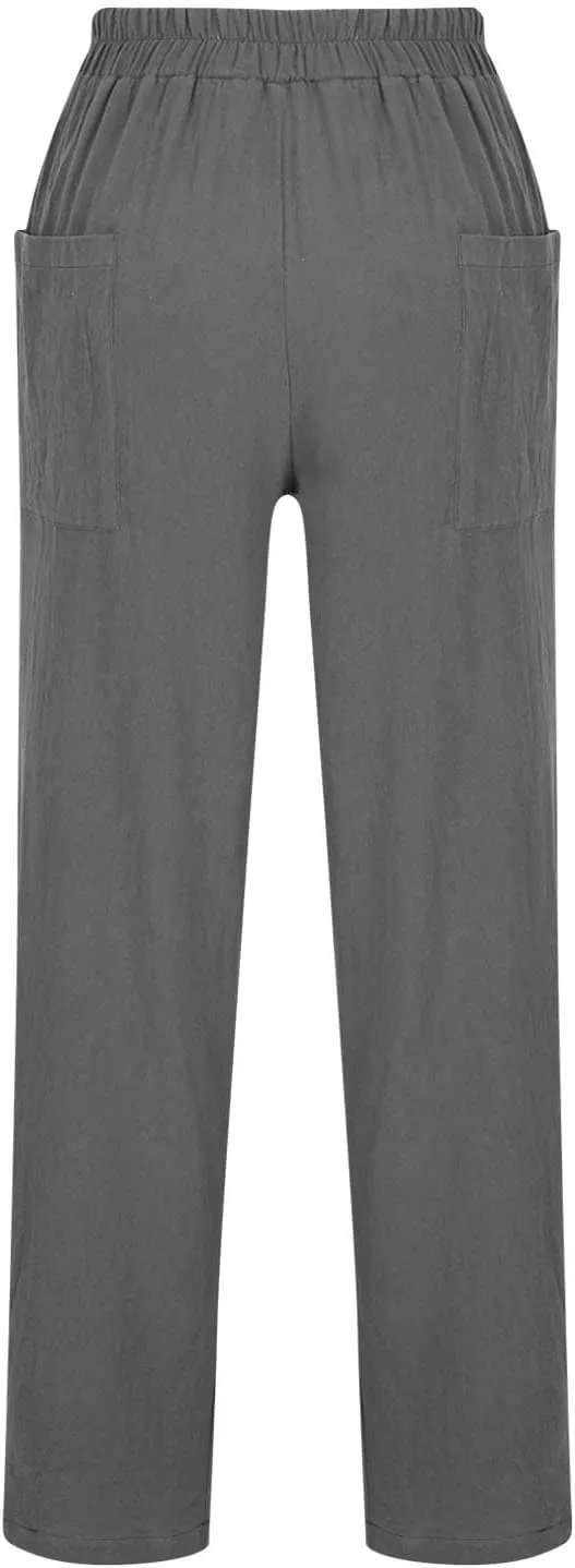 Women's Linen Pants Elastic Waist High Waisted Pants Comfy Straight Leg Trousers 2025 Trendy Summer Clothes