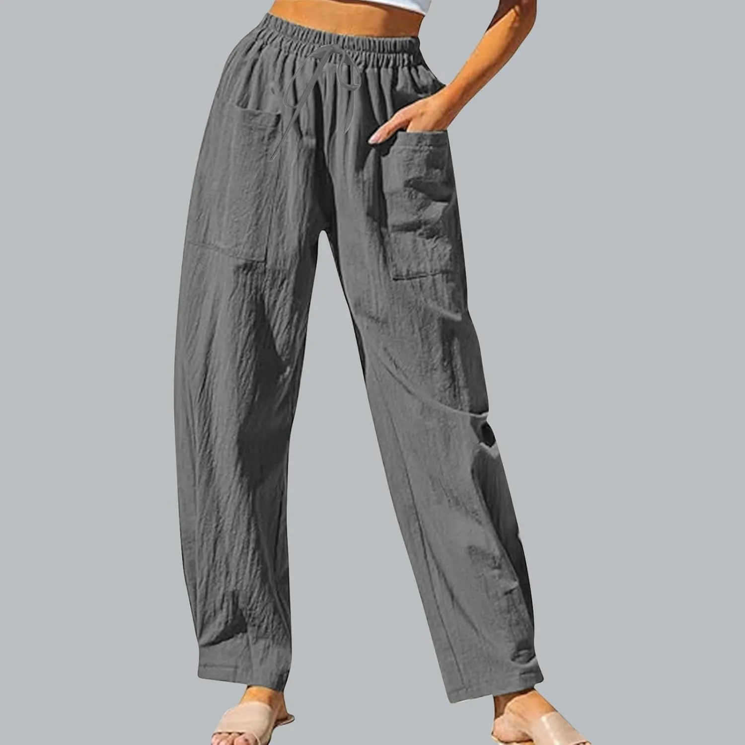 Women's Linen Pants Elastic Waist High Waisted Pants Comfy Straight Leg Trousers 2025 Trendy Summer Clothes