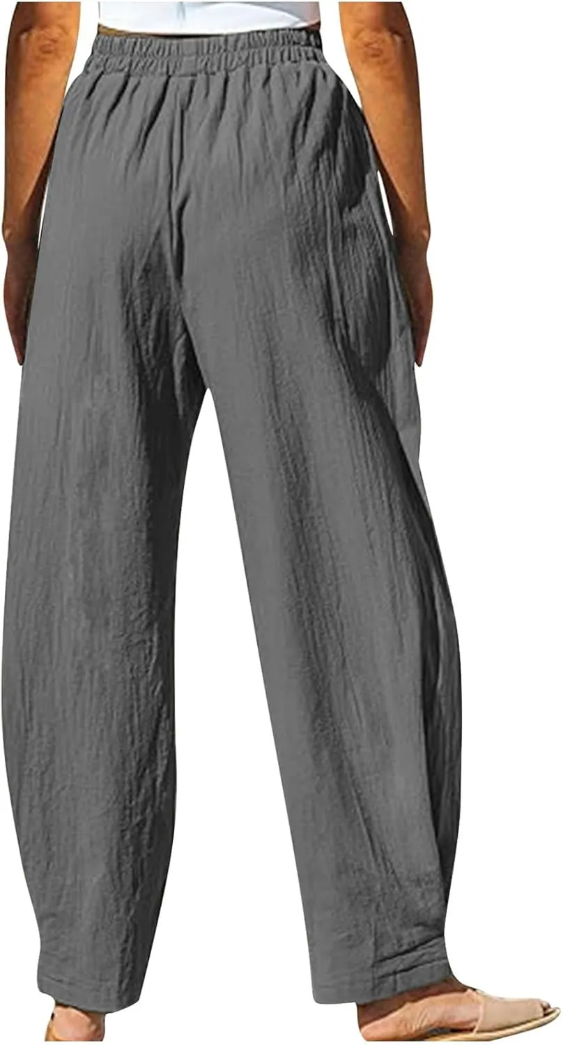 Women's Linen Pants Elastic Waist High Waisted Pants Comfy Straight Leg Trousers 2025 Trendy Summer Clothes