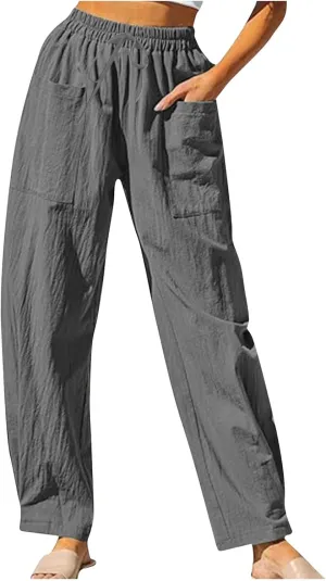 Women's Linen Pants Elastic Waist High Waisted Pants Comfy Straight Leg Trousers 2025 Trendy Summer Clothes