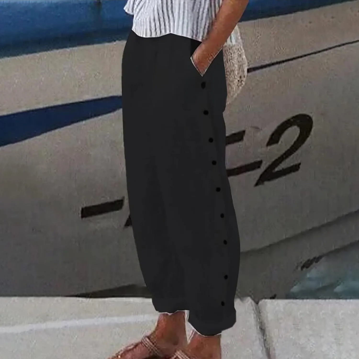 Womens Linen Pants High Waisted Summer Beach Pants Elastic Waist Tapered Pants, Small-5X-Large, Beige