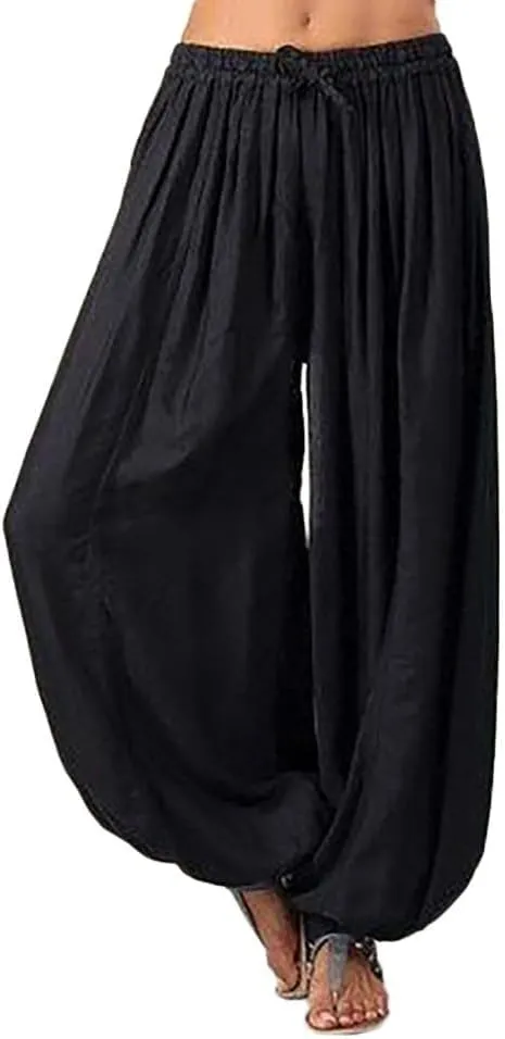 Women's Linen Pants Linen Wide Leg Pants for Women Casual Elastic Waisted Linen Pants for Women Flowy Lounge Beach Trousers
