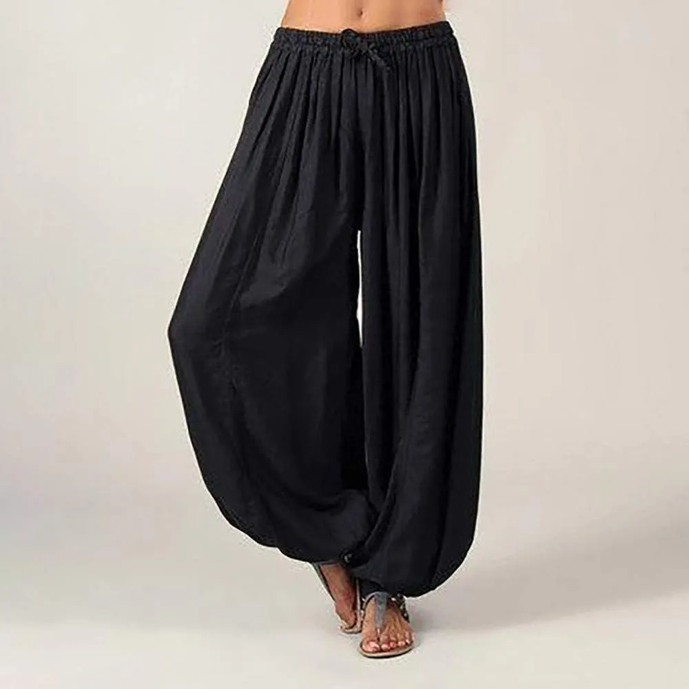 Women's Linen Pants Linen Wide Leg Pants for Women Casual Elastic Waisted Linen Pants for Women Flowy Lounge Beach Trousers