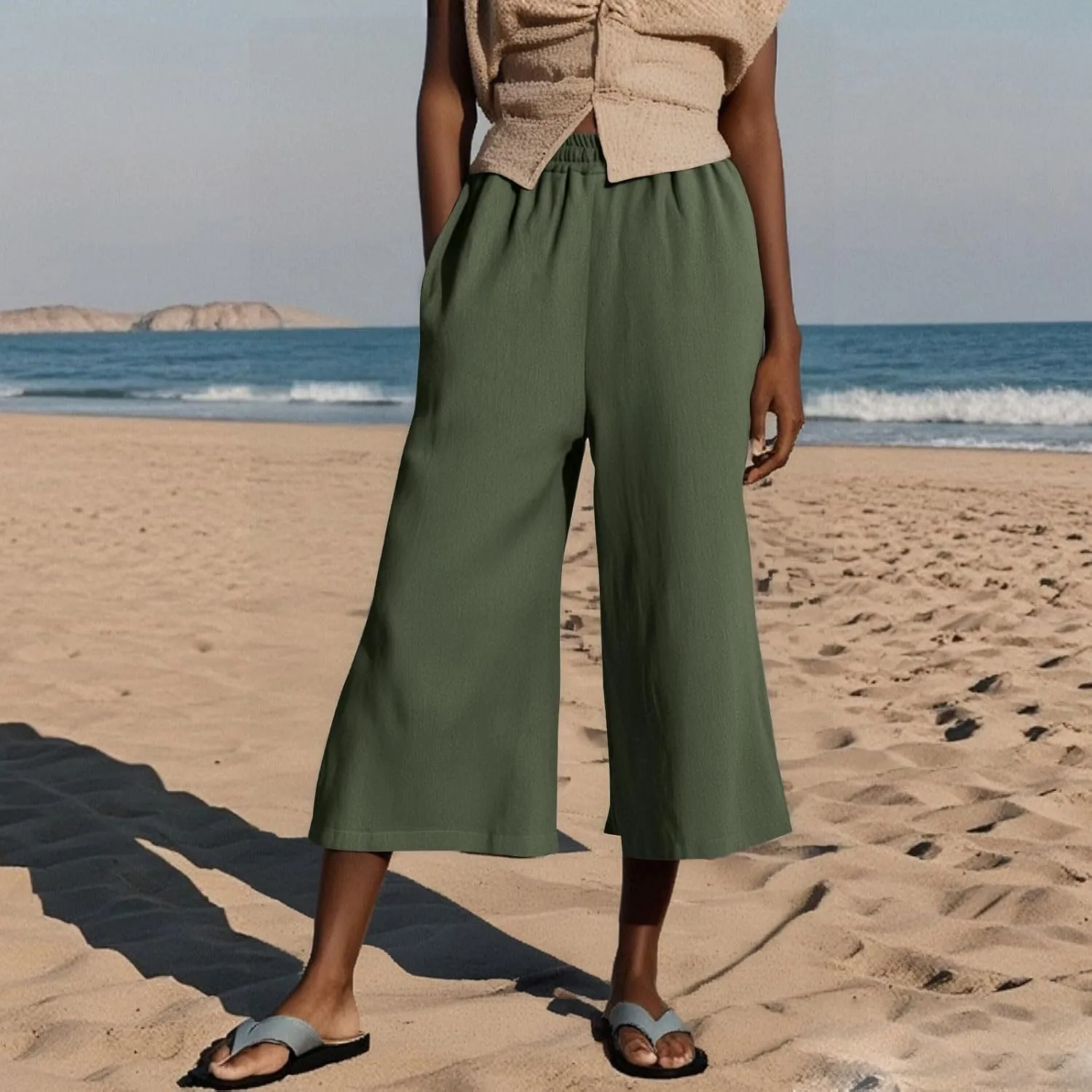 Womens Linen Pants Plus Size Dressy Casual Wide Leg Pants Summer Flowy Baggy Drawstring Palazzo Trousers 2025