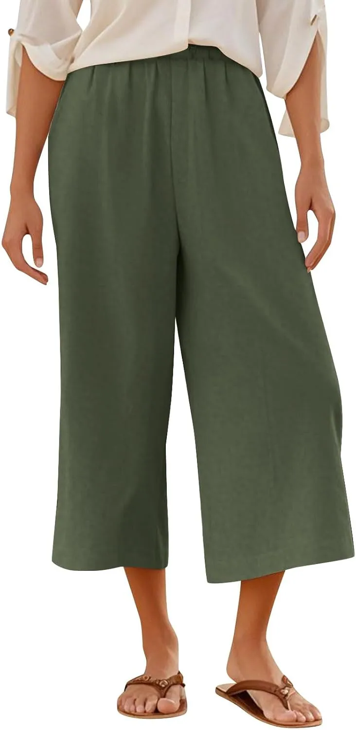 Womens Linen Pants Plus Size Dressy Casual Wide Leg Pants Summer Flowy Baggy Drawstring Palazzo Trousers 2025