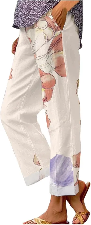 Women's Linen Pants Solid Elastic Pants Long Drawstring Linen Women Waist Cotton Casual Pants with Pockets Petite