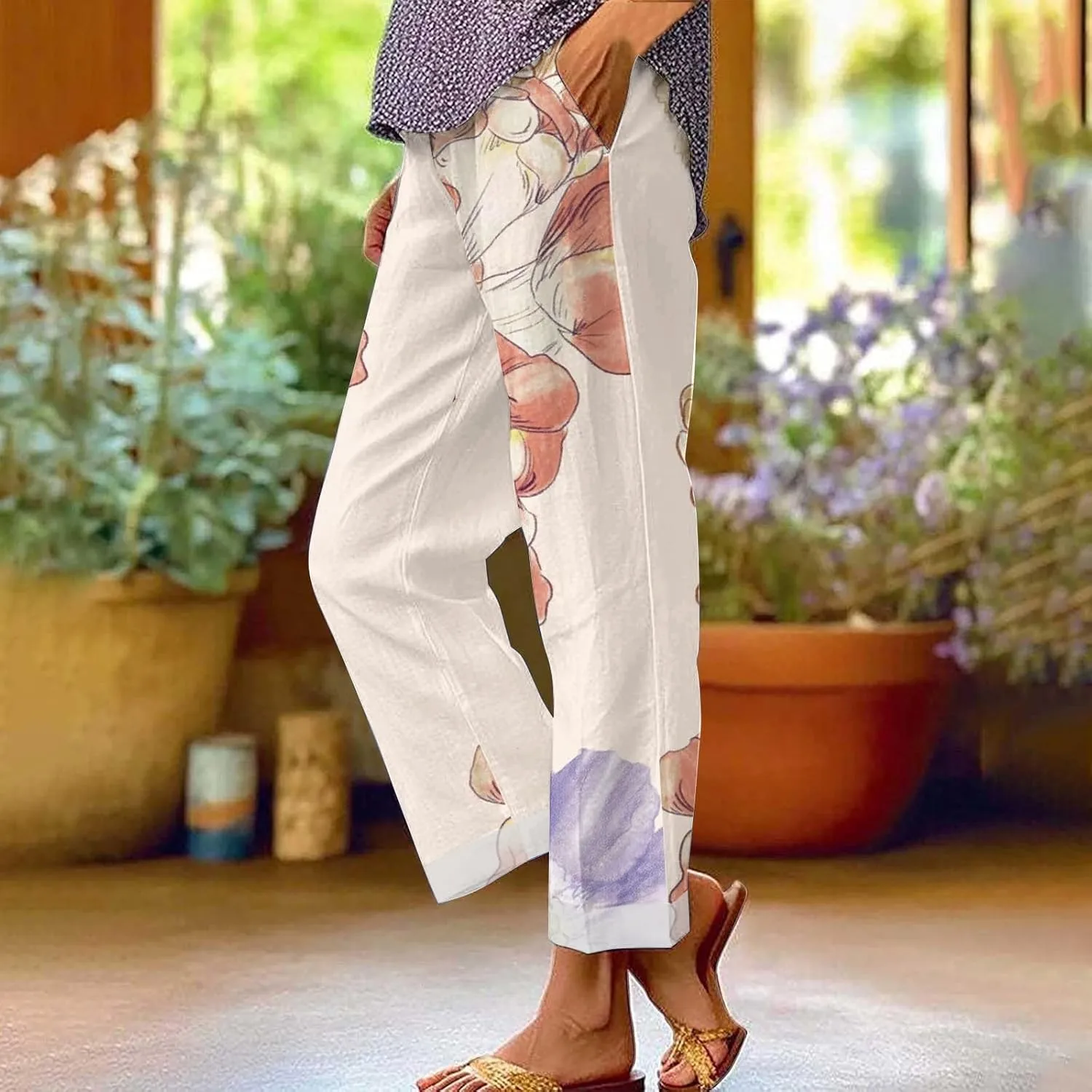 Women's Linen Pants Solid Elastic Pants Long Drawstring Linen Women Waist Cotton Casual Pants with Pockets Petite