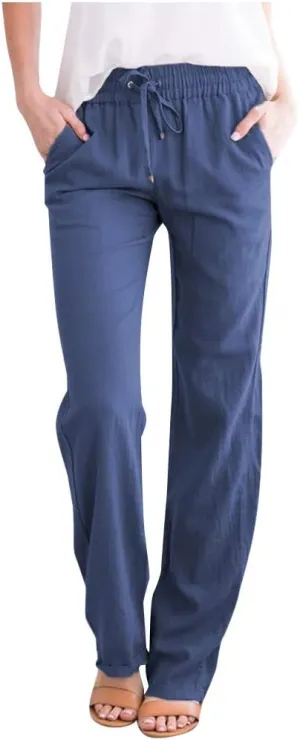 Women's Linen Pants Summer Casual Palazzo Beach Pant Drawstring High Waist Wide Leg Trousers Vacation Outfits