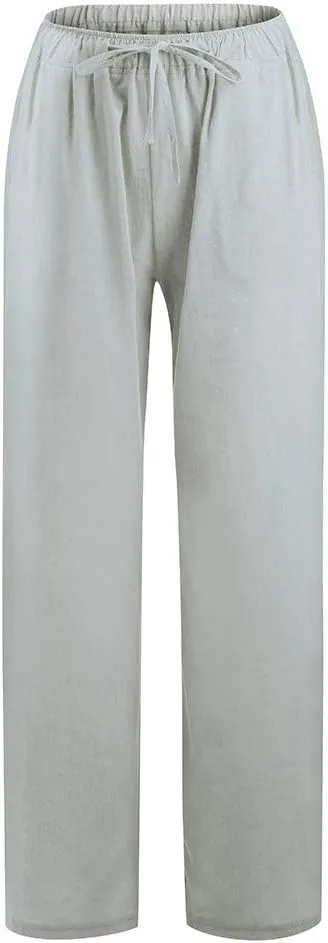 Womens Linen Pants Summer Wide Leg Pants Casual Loose Fit Drawstring High Waisted Palazzo Pants Trousers, Large