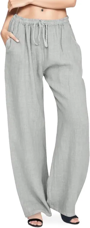 Womens Linen Pants Summer Wide Leg Pants Casual Loose Fit Drawstring High Waisted Palazzo Pants Trousers, Large