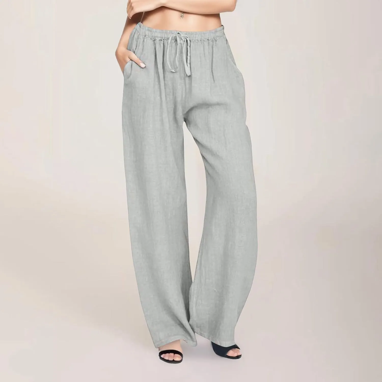 Womens Linen Pants Summer Wide Leg Pants Casual Loose Fit Drawstring High Waisted Palazzo Pants Trousers, Large