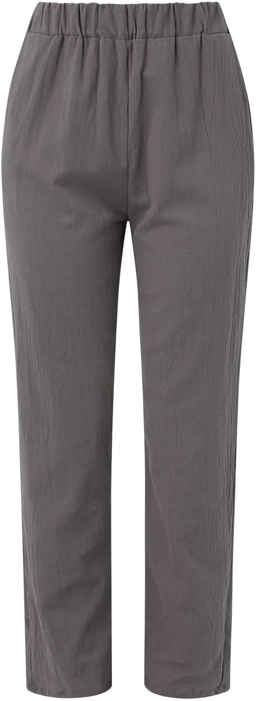 Womens Linen Pants with Pockets Straight Leg Loose Elastic High Waist Trousers Summer Casual Beach Pant Office Slacks
