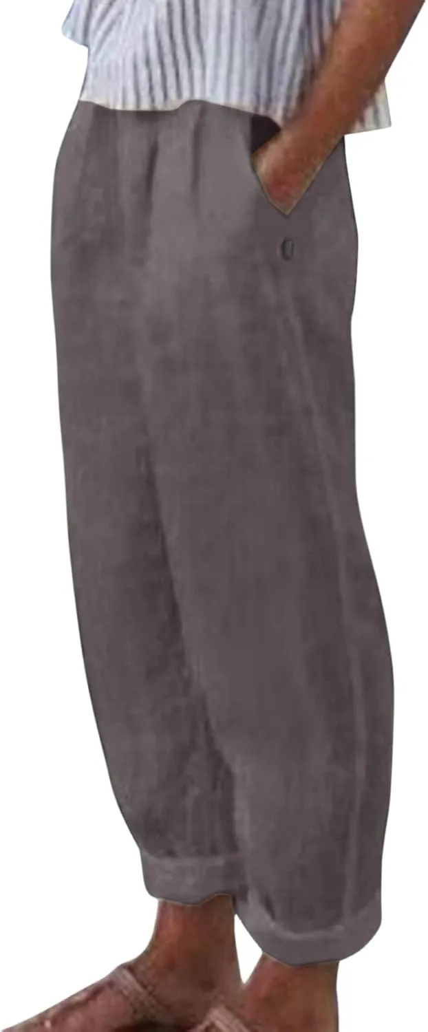 Womens Linen Pants with Pockets Straight Leg Loose Elastic High Waist Trousers Summer Casual Beach Pant Office Slacks