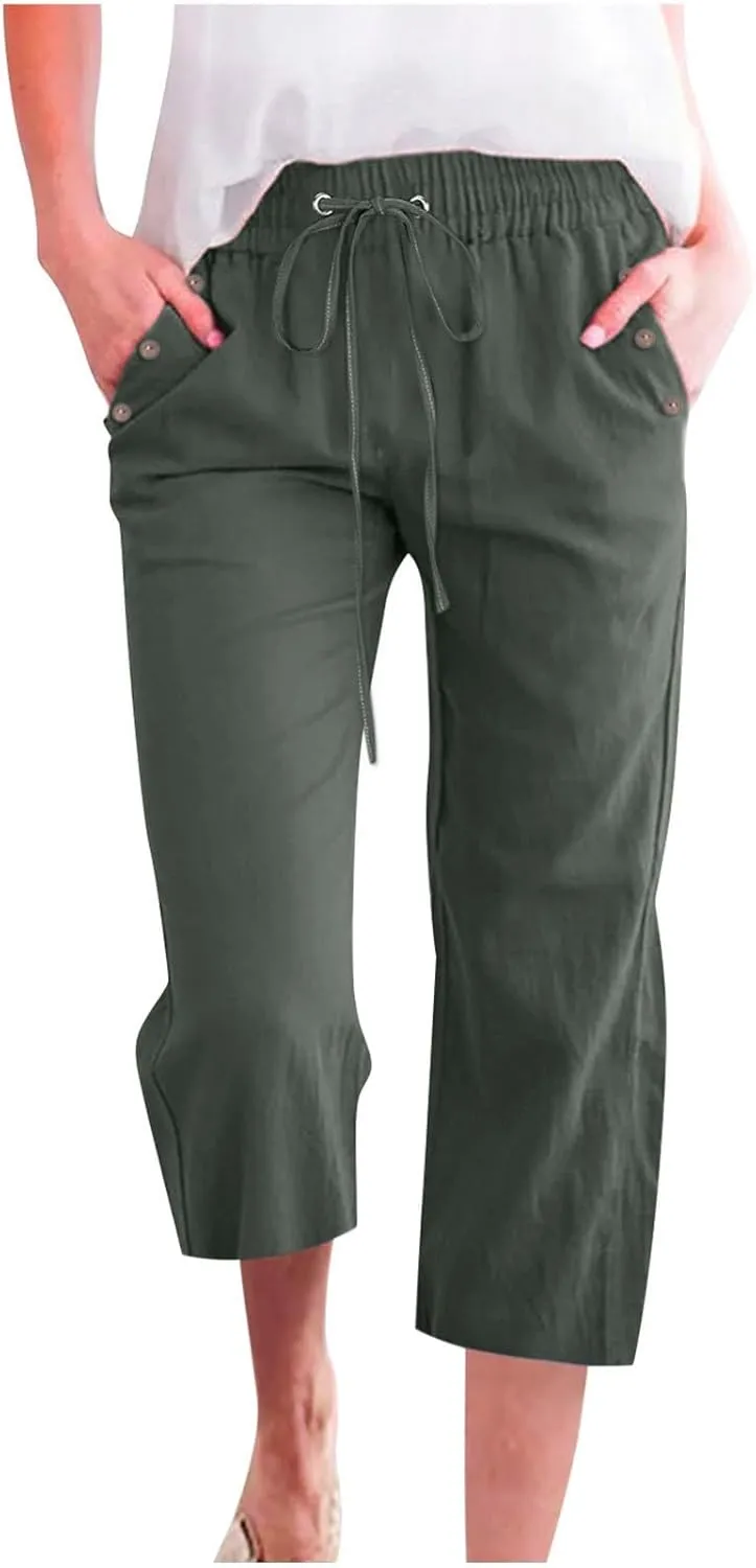 Womens Linen Striped Capris Summer Capri Pants 2025 Summer 2025 Wide Leg Loose Drawstring Elastic Waist Cropped Trouser