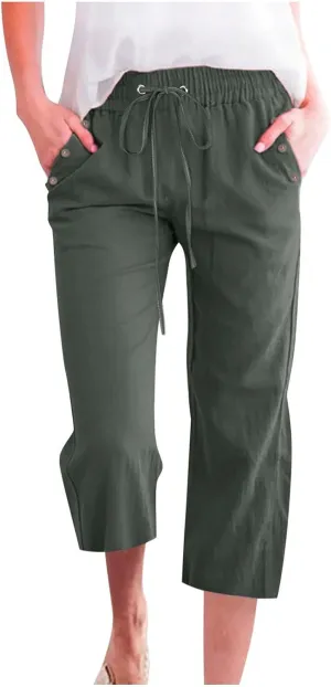 Womens Linen Striped Capris Summer Capri Pants 2025 Summer 2025 Wide Leg Loose Drawstring Elastic Waist Cropped Trouser