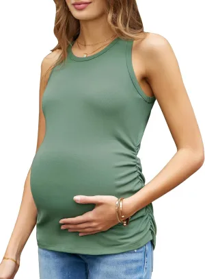 Women's Maternity Tank Tops Summer Sleeveless Crew Neck Ribbed Knit Slim Fitted Blouse Side Ruched Pregnancy Shirts