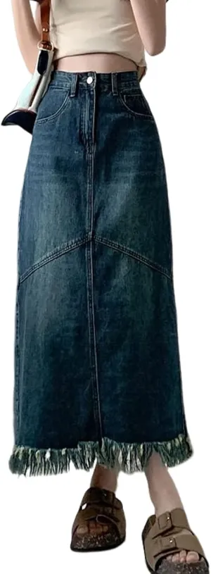 Womens Maxi Denim Skirt High Waisted Tassel Raw Hem Back Slit A Line Long Jean Skirt