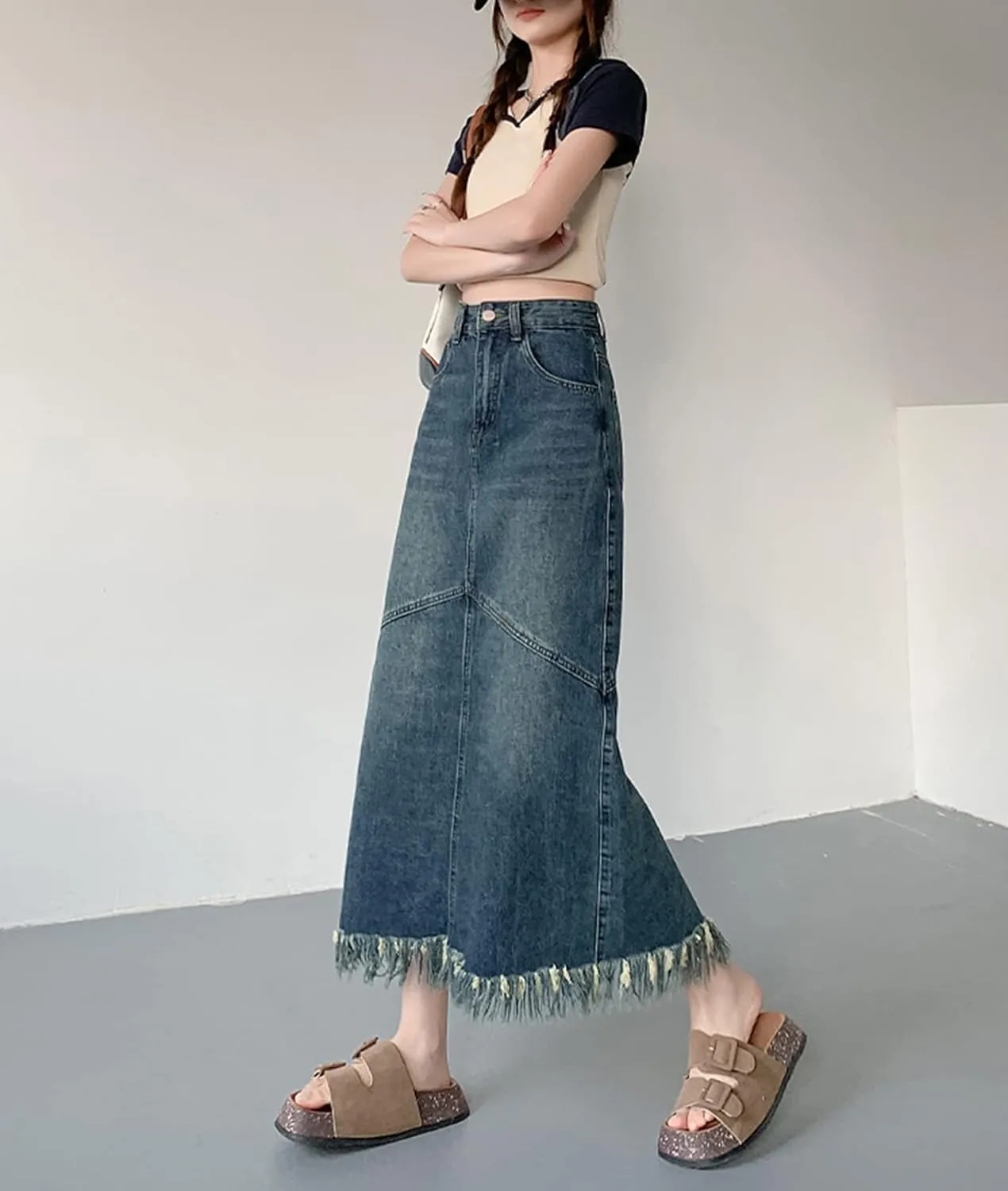 Womens Maxi Denim Skirt High Waisted Tassel Raw Hem Back Slit A Line Long Jean Skirt