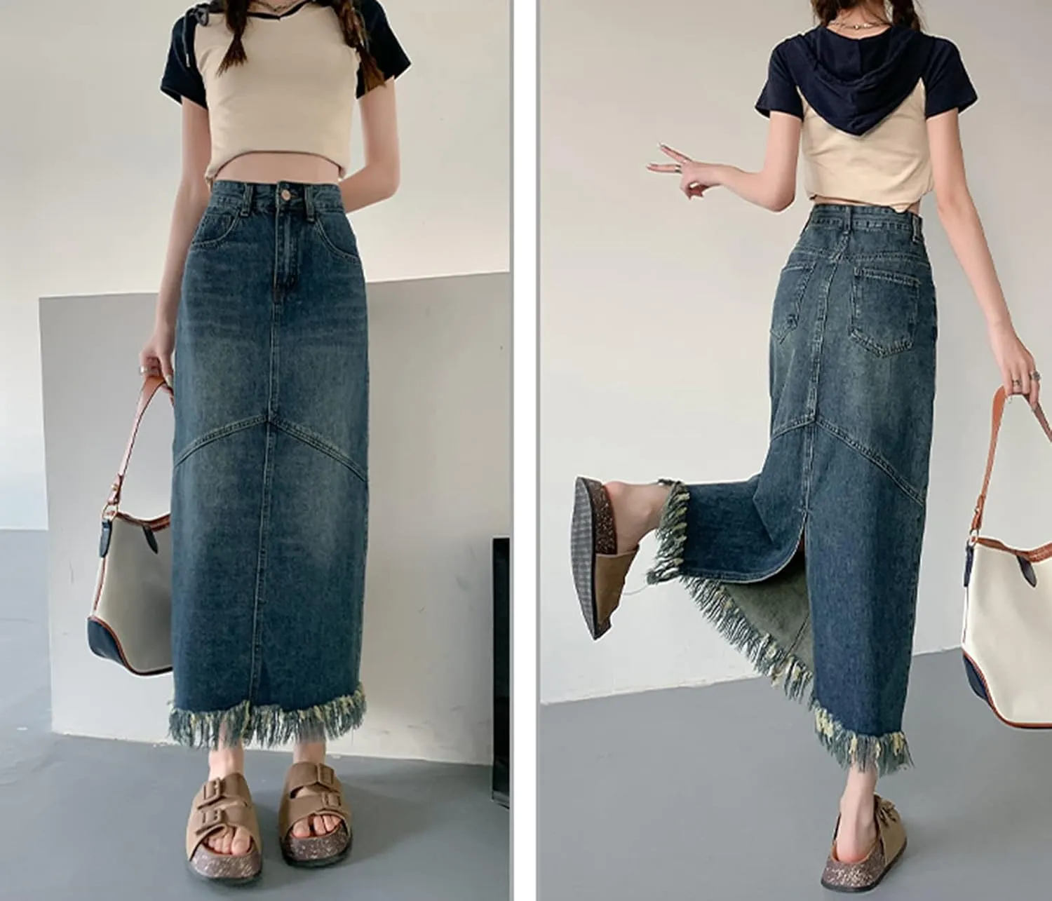 Womens Maxi Denim Skirt High Waisted Tassel Raw Hem Back Slit A Line Long Jean Skirt