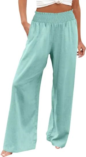 Womens Palazzo Linen Pants Wide Leg Casual Lightweight High Waist Trousers Summer Hawaii Beach Pants Vacation Outfits