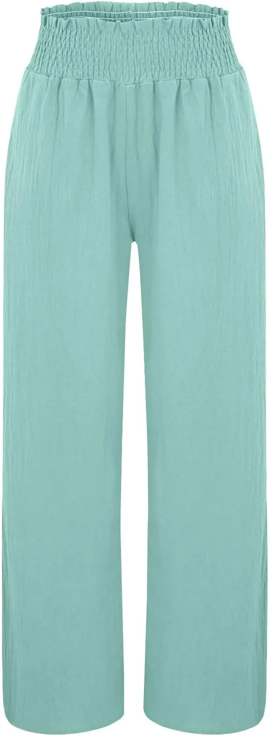 Womens Palazzo Linen Pants Wide Leg Casual Lightweight High Waist Trousers Summer Hawaii Beach Pants Vacation Outfits