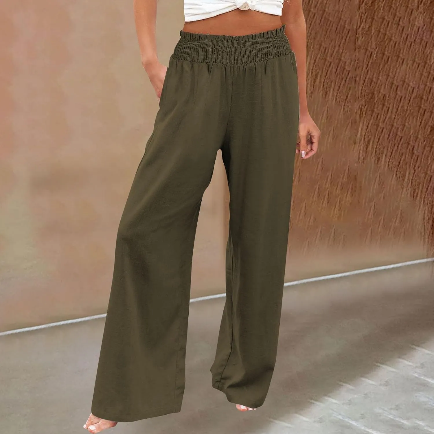 Womens Palazzo Linen Pants Wide Leg Casual Lightweight High Waist Trousers Summer Hawaii Beach Pants Vacation Outfits
