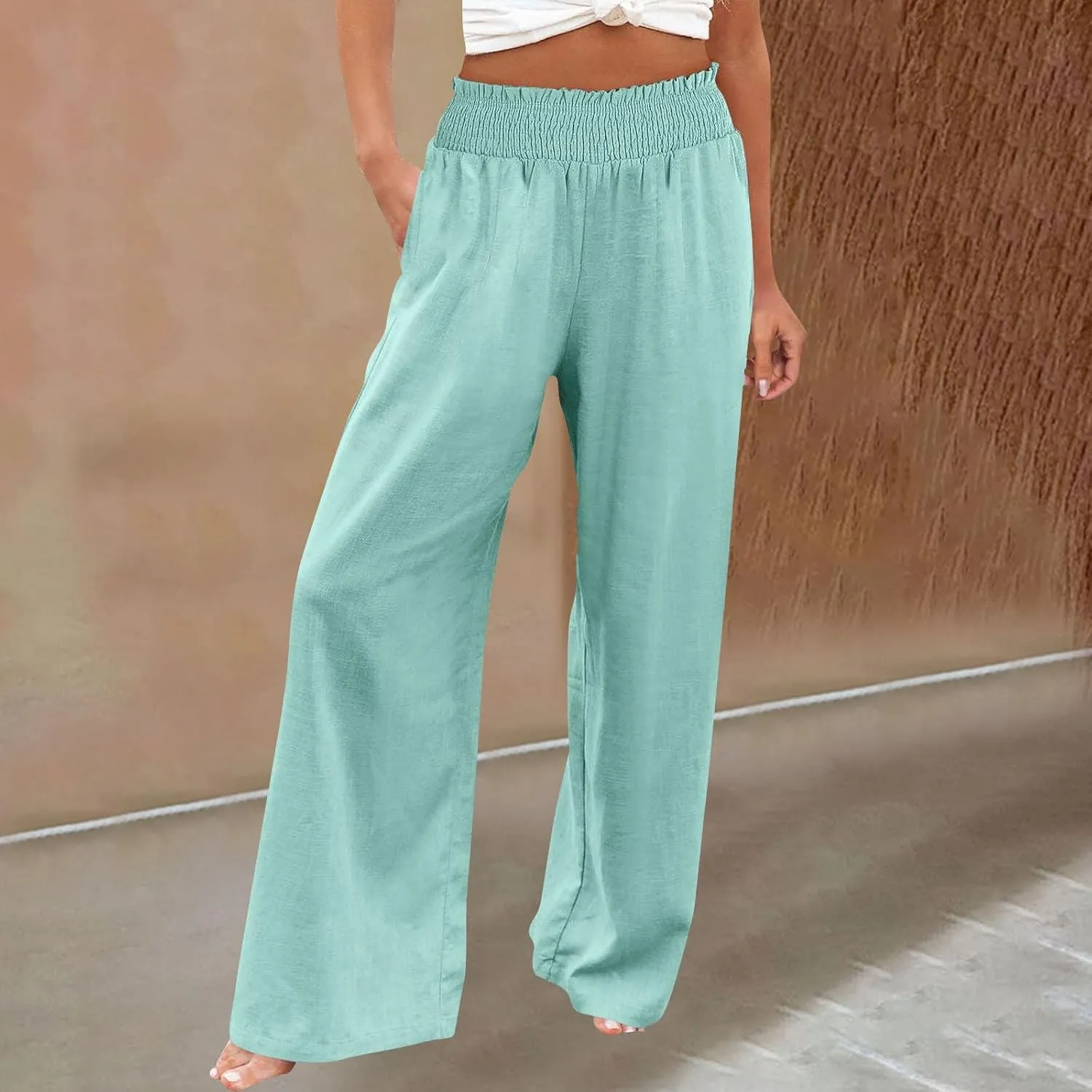 Womens Palazzo Linen Pants Wide Leg Casual Lightweight High Waist Trousers Summer Hawaii Beach Pants Vacation Outfits