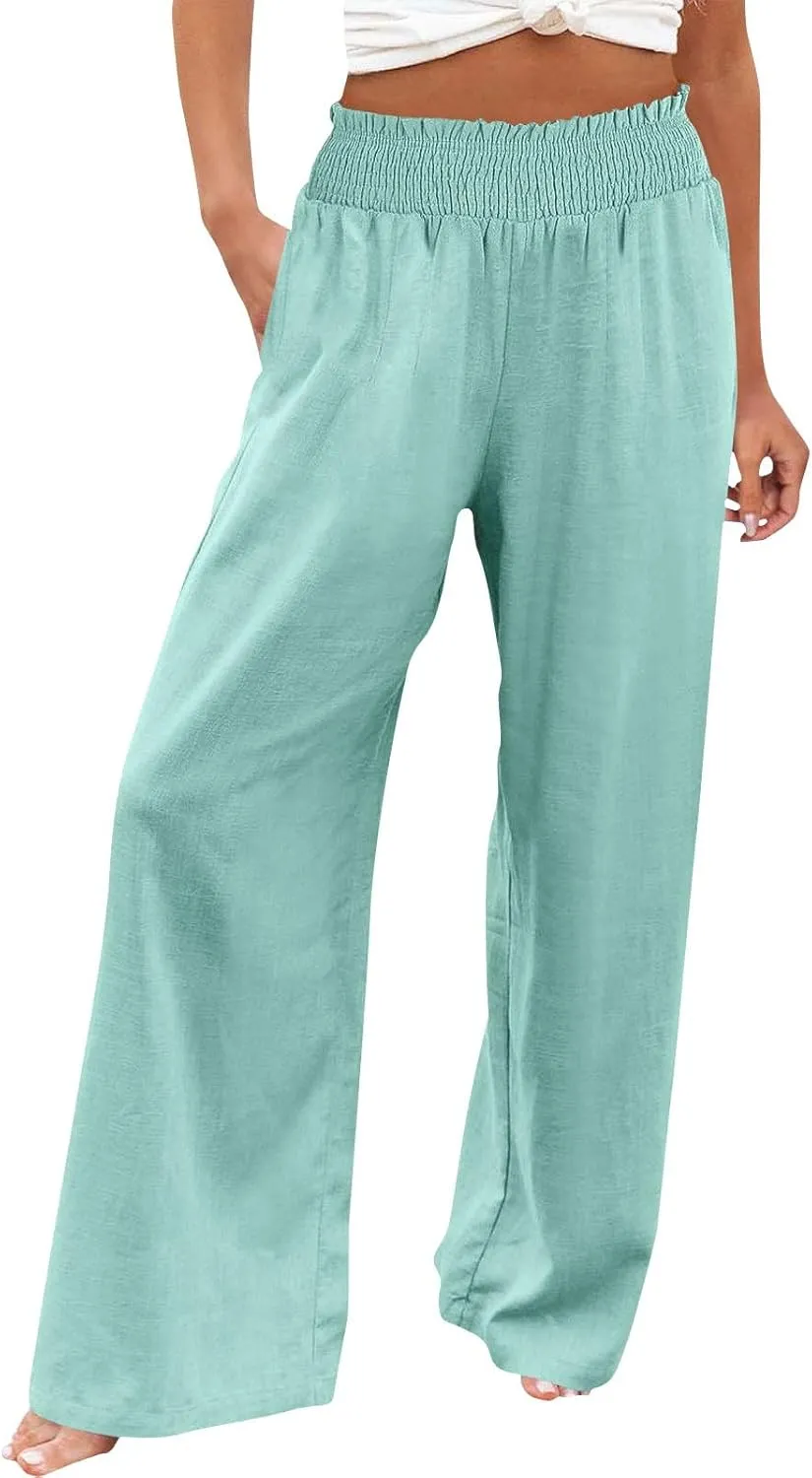 Womens Palazzo Linen Pants Wide Leg Casual Lightweight High Waist Trousers Summer Hawaii Beach Pants Vacation Outfits